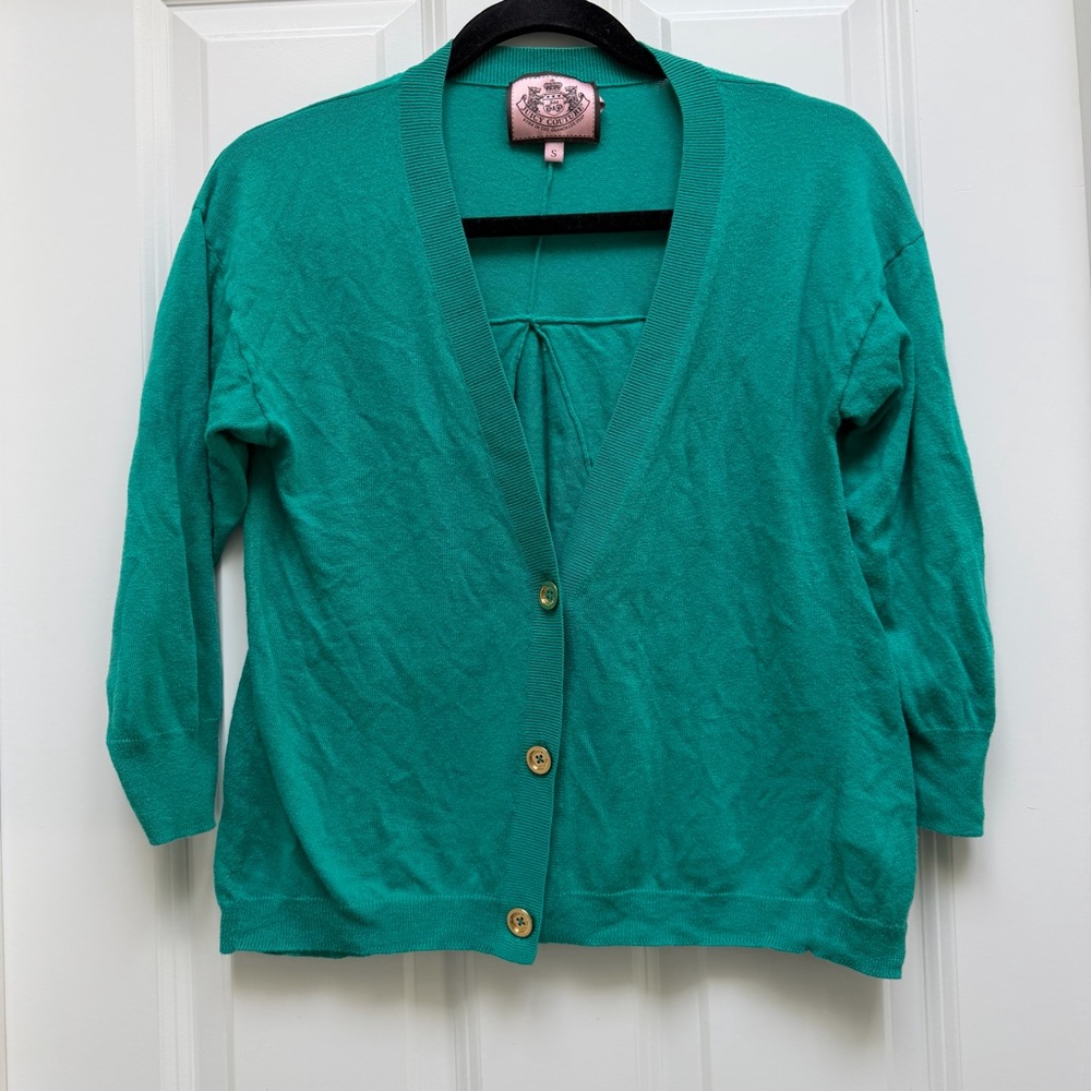 JUICY COUTURE 3/4 SLEEVE BUTTON UP KNIT CARDIGAN TEAL SMALL